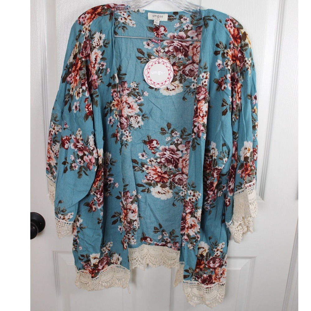 Umgee Kimono Cardigan Teal Floral Crochet Lace Boho Women's‎ Size Small